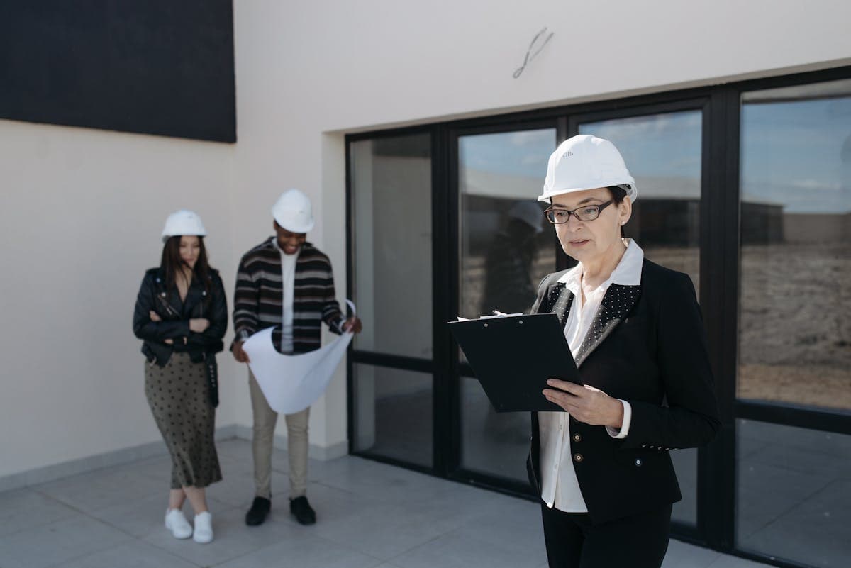 Real estate developer reviewing project plans on a construction site